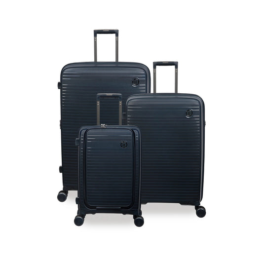 Set of three black suitcases of different sizes on a white background