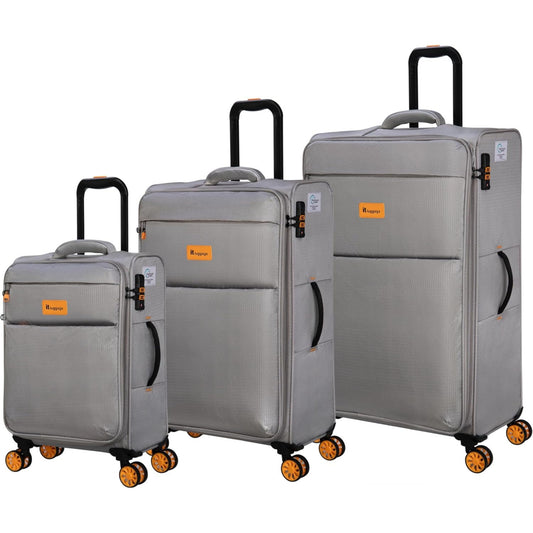 Set of 3 it luggage gray suitcases with orange labels on a white background