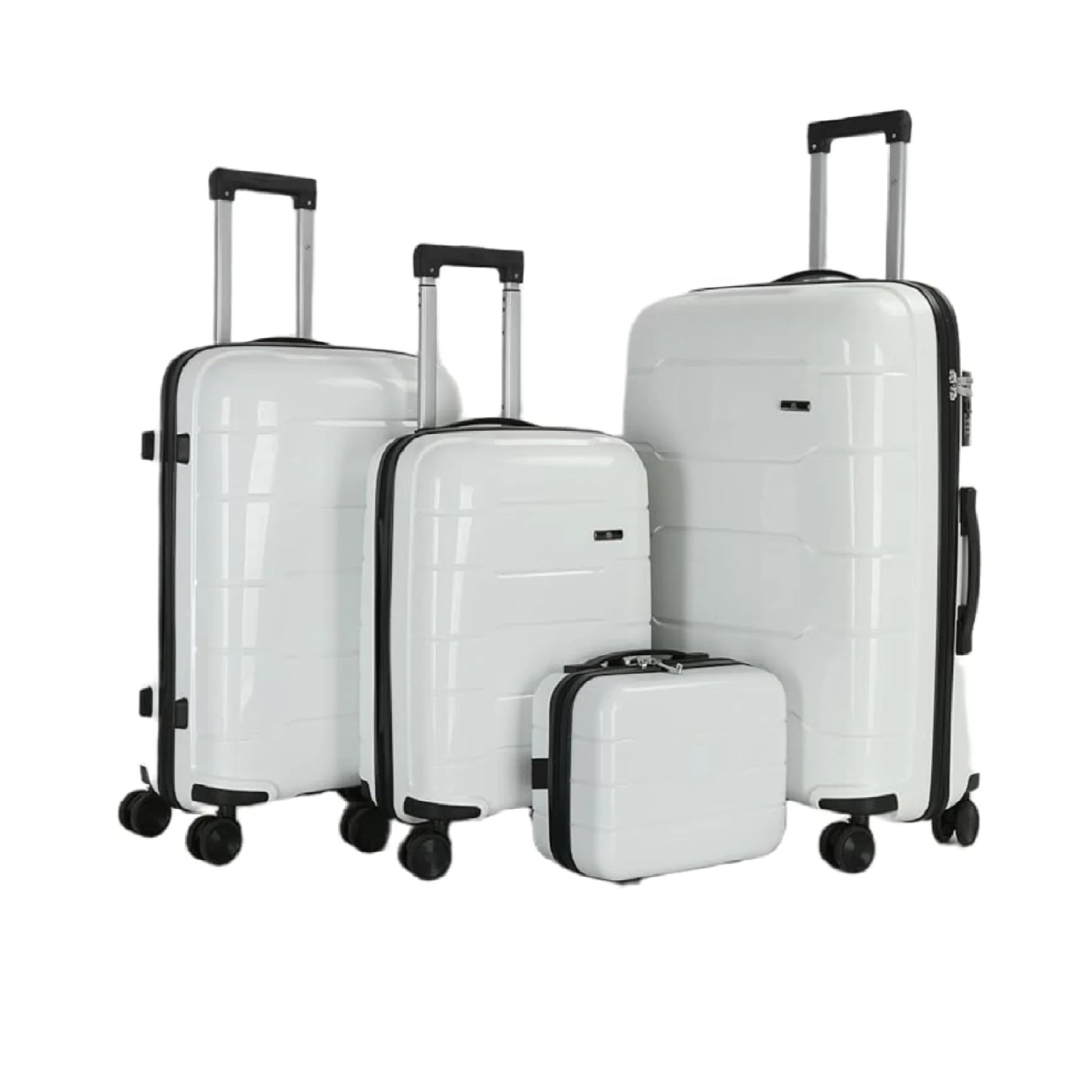 luggage Set of 4 white suitcases with black handles and wheels on a white background