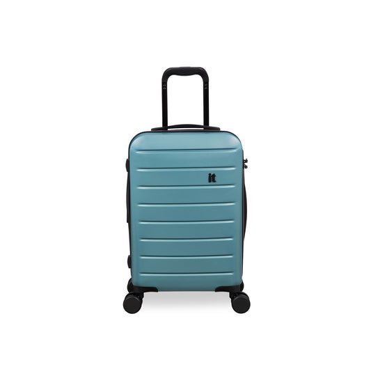 Teal suitcase with black wheels and handle on a white background